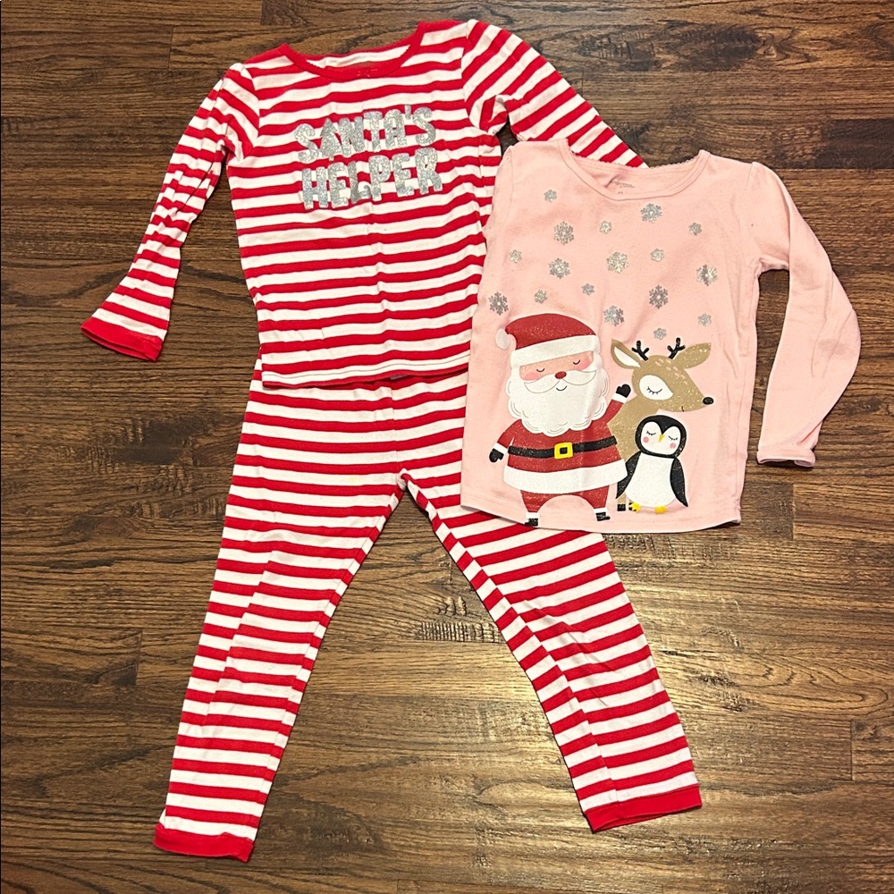 Red and White Striped Pajama Set with Pink Santa Top